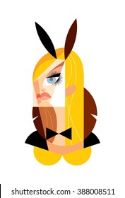 A blonde girl with rabbit ears and bow tie on a white background