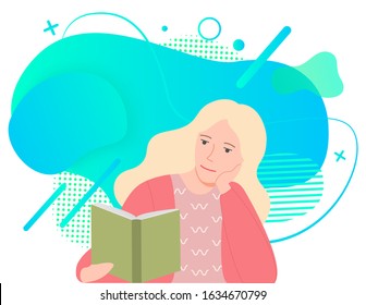 Blonde girl read interesting book. Person sitting and reading literature. Pretty woman on white background and blue abstract cloud vector illustration