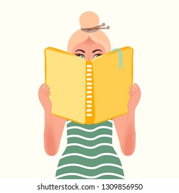 Blonde girl reading a book. Vector illustration of people reading