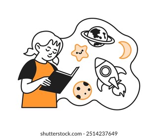 Blonde girl reads astronomy textbook doodle line and color illustration. Concept of back to school routine linear sketch vector person