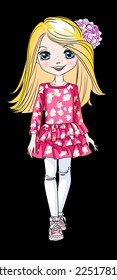 blonde girl in a red dress and with a bow in her hair