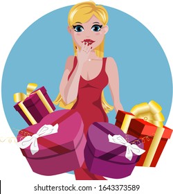 blonde girl in red dress joy gifts