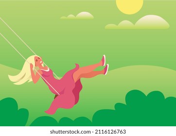 Blonde girl in a red dress rides on a swing in green summer against backdrop of a sunny landscape.