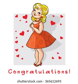 Blonde girl in red dress. Vector cartoon illustration.