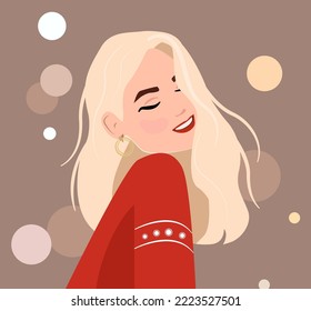A blonde girl in a red sweater against the background of yellow lights. A woman in a sweater for Christmas or New Year's Eve. Vector winter cosy illustrations. The stylish woman is smiling. Emotions 