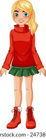 Blonde girl in red sweater and green skirt