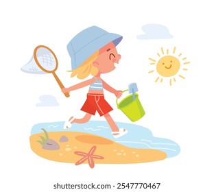 Blonde girl is relaxing at sea, walking along the seashore in a good mood, childrens summer vacation camp, summer school holidays, bright sun is shining, good weather, childhood memories