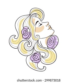 Blonde girl with roses in her hair. Vector illustration on the white background.