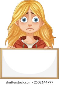 Blonde girl with sad expression holding sign