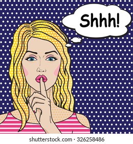 Blonde girl says Shhh pop art comics style, vector retro woman putting her forefinger to her lips for quiet silence.