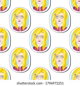 Blonde girl seamless pattern icon isolated on white background.