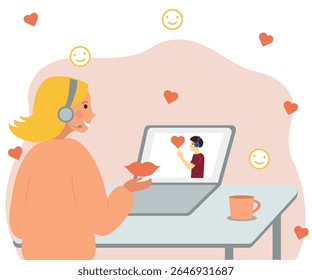 Menina loira enviando beijo para o cara, cara no monitor do laptop, coração, amor, online, relacionamento, namoro on-line, romance, homem, mulher, internet, personagem, tecnologia, world wide web