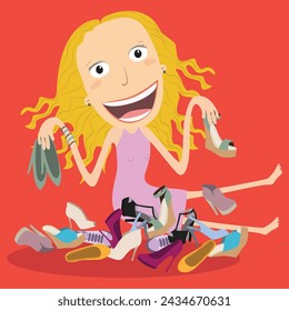 Blonde girl with a lot of shoes. A woman chooses her shoes. A woman can never have too many shoes. Vector illustration
