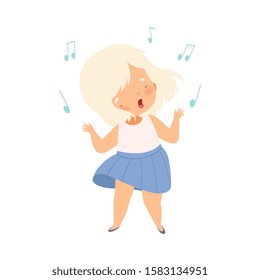 Blonde Girl Singing and Dancing, Adorable Kid Having Fun and Enjoying Listening to Music Cartoon Vector Illustration