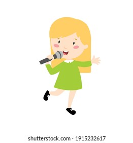 The Blonde Girl Sings. Cartoon Girl In A Green Dress. Cheerful Child.