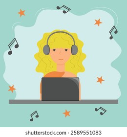 blonde girl sits at computer and listens to music, notes, music, stars, sounds