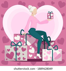 Blonde girl sits on gift boxes and holds a gift in her hand. Cartoon vector illustration in pink color and hearts on background.