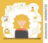 Blonde girl sitting at computer, desktop, speech bubbles around, online communication, online study, work, laptop, smiley, exclamation mark, message, messenger, graph, diagram