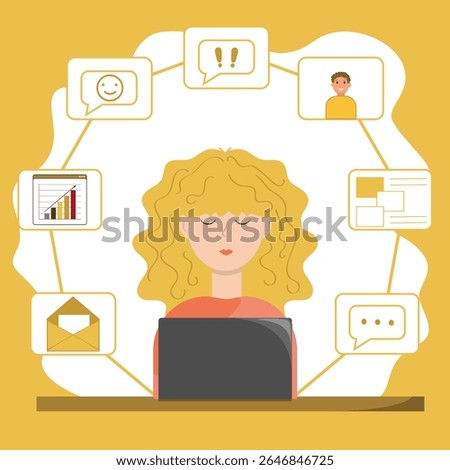 Blonde girl sitting at computer, desktop, speech bubbles around, online communication, online study, work, laptop, smiley, exclamation mark, message, messenger, graph, diagram