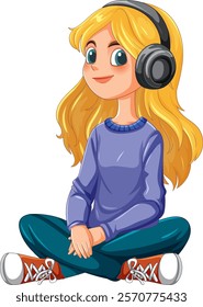 Blonde girl sitting, enjoying music with headphones