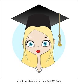 Blonde girl in the square academic cap. Vector illustration