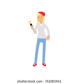 Blonde girl standing with smartphone, female student using electronic device vector Illustration
