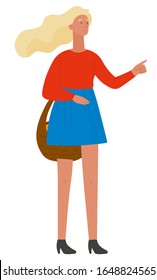 Blonde girl with straw basket isolated on white. Woman wearing red shirt and blue skirt. Female character pointing at with finger vector illustration