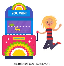 Blonde girl in striped shirt jumping for joy in casino. Young woman playing slot machines. Excited female player celebrating victory, gambling vector