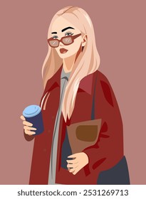 A blonde girl in a stylish burgundy coat and sunglasses. A stylish look in an outfit for autumn or winter. The woman has food pacts in her hands and a glass of coffee with her