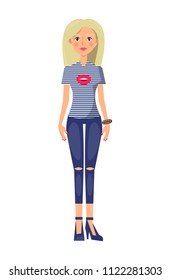 Blonde girl in stylish casual summer clothes. Woman in striped t-shirt and ripped jeans. Girl in modern outfit isolated cartoon vector illustration