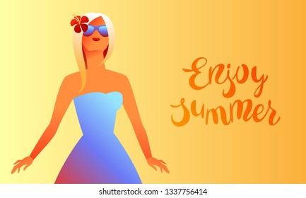 Blonde girl in sunglasses. Beautiful tanned blond woman in dress.