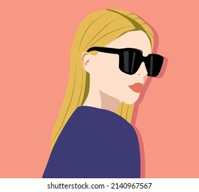 A blonde girl with sunglasses, On a bright coral background.  Vector summer illustration