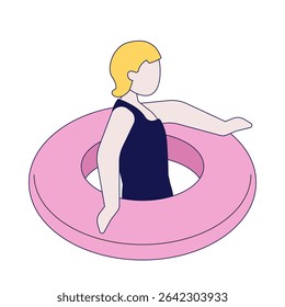 Blonde girl with swim ring 2D cartoon character. Beach child inflatable tube. Young woman in swimsuit swimming pool float flat vector faceless person isolated on white. Spot illustration colorful