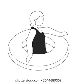 Menina loira com personagem de linha 2D em anel de natação. Tubo inflável da criança da praia. Jovem mulher de maiô piscina flutuar isolado vetor tinta contorno pessoa sem rosto. Ilustração de ponto monocromático