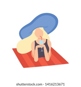 Blonde Girl in Swimsuit and Blue Hat Lying on Beach and Drinking Cocktail, Beautiful Young Woman Enjoying Summer Vacation on Seashore Vector Illustration