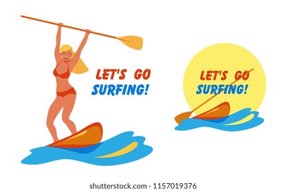 blonde girl in a swimsuit standing on a surfboard and holding a paddle. Prints for t-shirts stand up paddle surfing. Cartoon vector illustration let's go surfing!