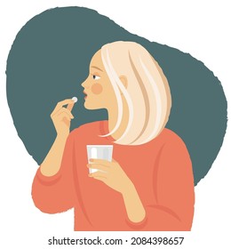 blonde girl takes medication in the form of a pill and drinks water. young woman is planning a pregnancy. concept people are being treated. flat drawing in a trendy style. stock vector EPS 10