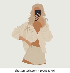 Blonde Girl Takes A Selfie On The Phone. Abstract Tanned Young Girl On Gray Background. Lady Boss Illustration.