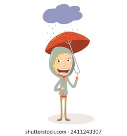 Blonde girl with an umbrella and yellow raincoat raining outside. Vector Illustration.