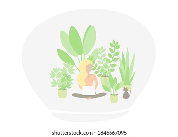 Blonde girl in urban jungle bubble with white laptop and black cat. Many plants, relax and comforting vibe. mode. Working from home concept due to coronavirus pandemic.