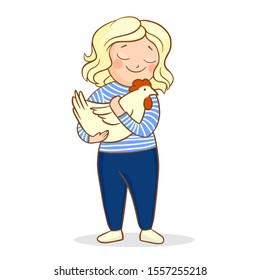 a blonde girl in vest a holding a chicken in her arms. cute vector illustration