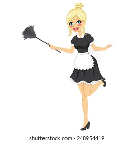 Blonde girl with vintage maid dress cleaning using feather duster