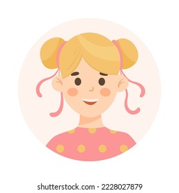 Blonde girl wearing pink dress avatar cartoon illustration. Face or portrait of cute happy user of social networks in circle on white background. Cyberspace, diverse concept