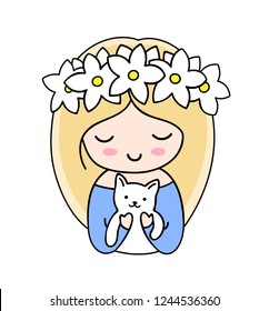 Blonde girl with white cat. Cute cartoon character. Vector illustration for pin, sticker, patch, badge, print.