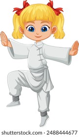 Blonde girl in white martial arts uniform