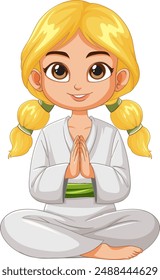 Blonde girl in white outfit meditating