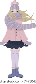 Blonde girl in the winter wind