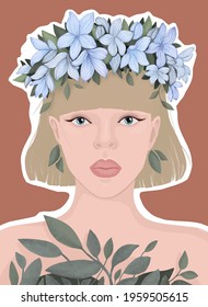 blonde girl in a wreath of blue flowers. leaves instead of clothes. unity with nature. vector flat modern illustration. for poster, magazine cover, book, postcard
