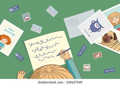 Blonde girl writes a letter with postcard