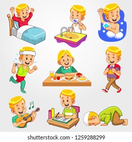 Blonde Hair boy with daily life. wake up, tooth brush, soap, bath, running, breakfast, go to school, play guitar, study, salah pray.